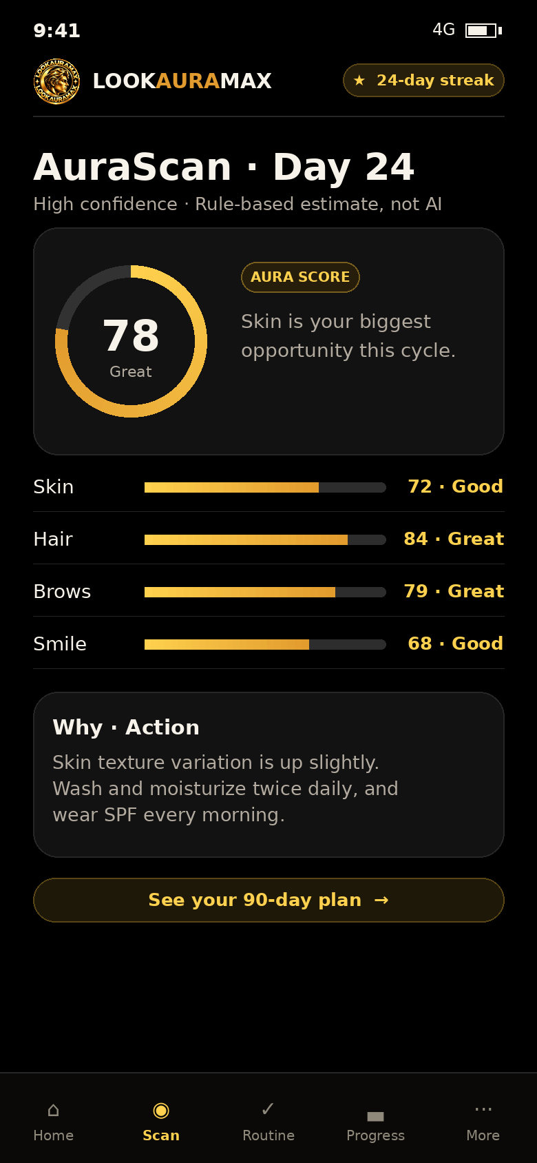 App preview: AuraScan result screen with an Aura Score ring of 78, Great, and trait bands for skin, hair, smile, and posture.