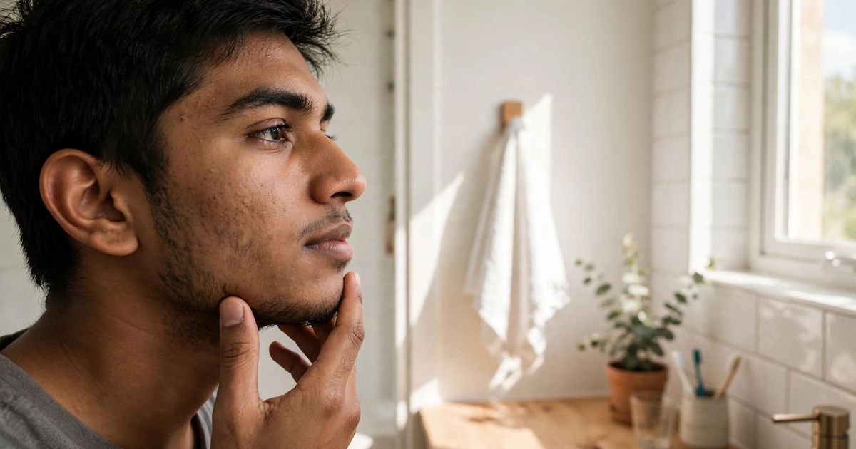 Illustration: AI-generated image of a fictional young man with medium-brown skin and short black hair touching his jaw while looking into a bright bathroom mirror.