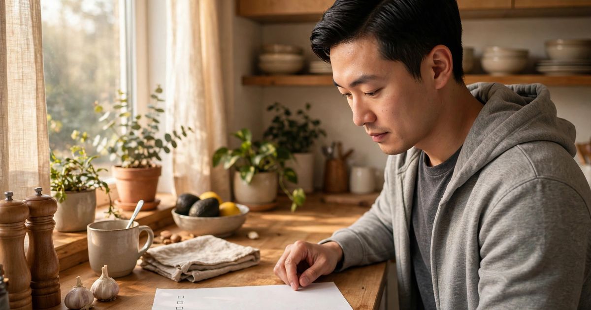 Illustration: AI-generated image of a fictional man in his late 20s with light skin and neat side-part black hair reviewing a paper checklist on a sunny kitchen counter.