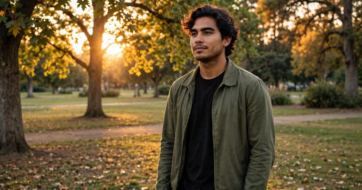 Illustration: AI-generated image of a fictional man in his mid-20s with tan skin and wavy dark hair standing in a park at golden hour.