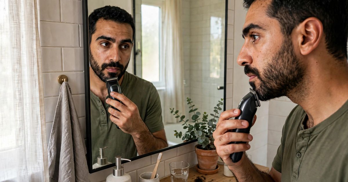 Illustration: AI-generated image of a fictional bearded man in his early 30s with olive skin trimming his beard with a trimmer in front of a bathroom mirror.