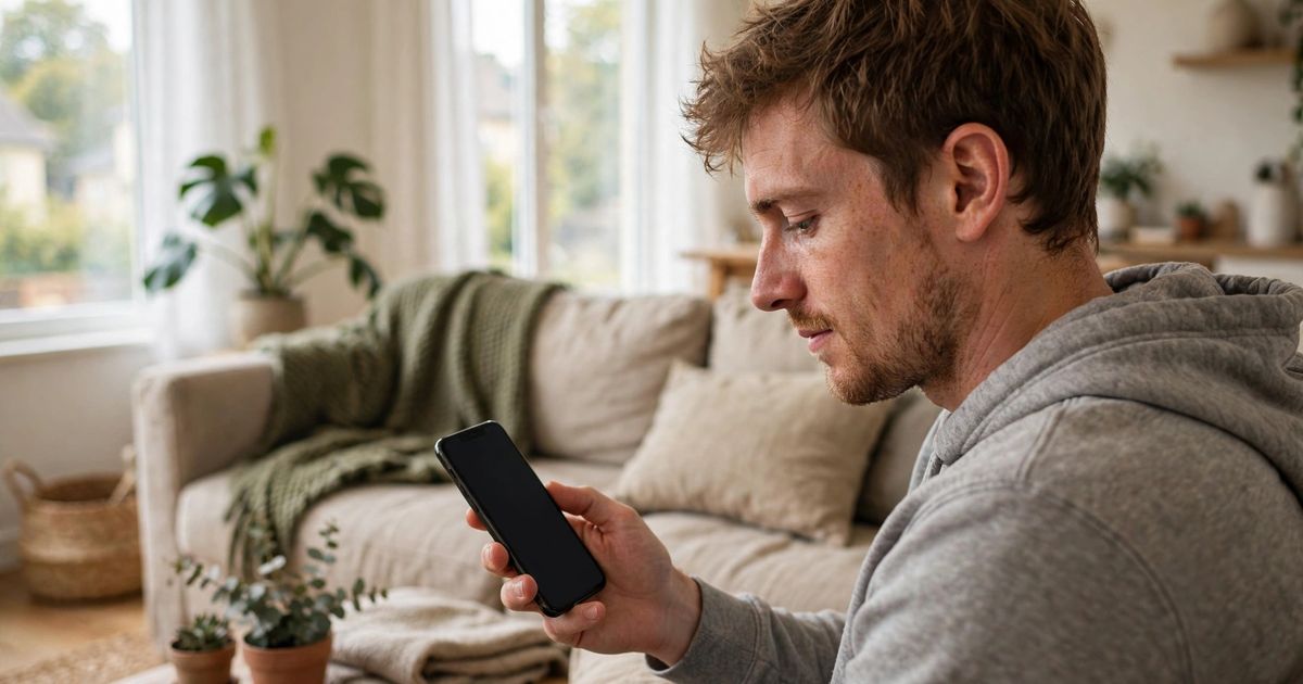 Illustration: AI-generated image of a fictional man in his mid-20s with fair skin and light brown hair sitting on a couch holding a smartphone with a blank dark screen.