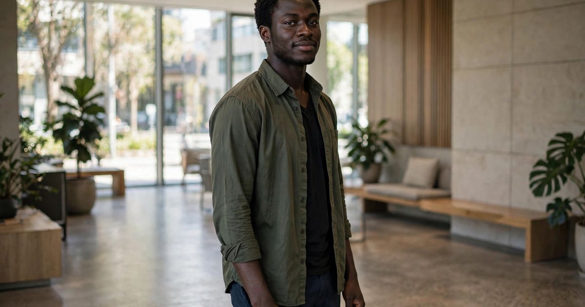 Illustration: AI-generated image of a fictional man in his late 20s with deep brown skin and short coily hair standing tall with relaxed posture in a bright office lobby.