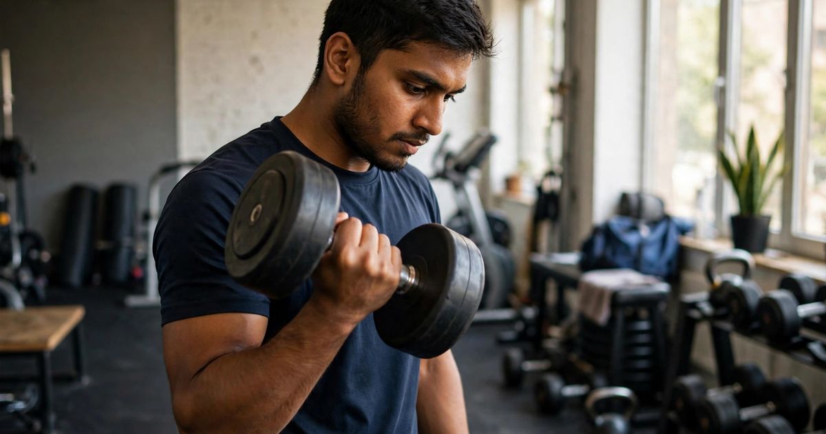 Illustration: AI-generated image of a fictional man in his mid-20s with medium-brown skin and short black hair lifting a dumbbell in a gym.