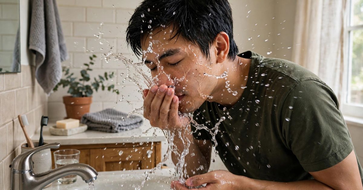 Illustration: AI-generated image of a fictional man in his early 20s with light-medium skin and straight black hair splashing water on his face at a bathroom sink.