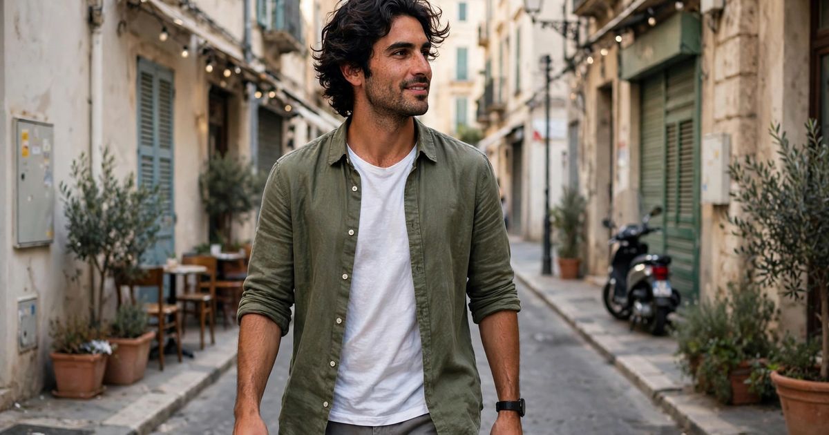 Illustration: AI-generated image of a fictional man in his late 20s with olive skin and dark wavy hair walking down a city street with a slight smile.