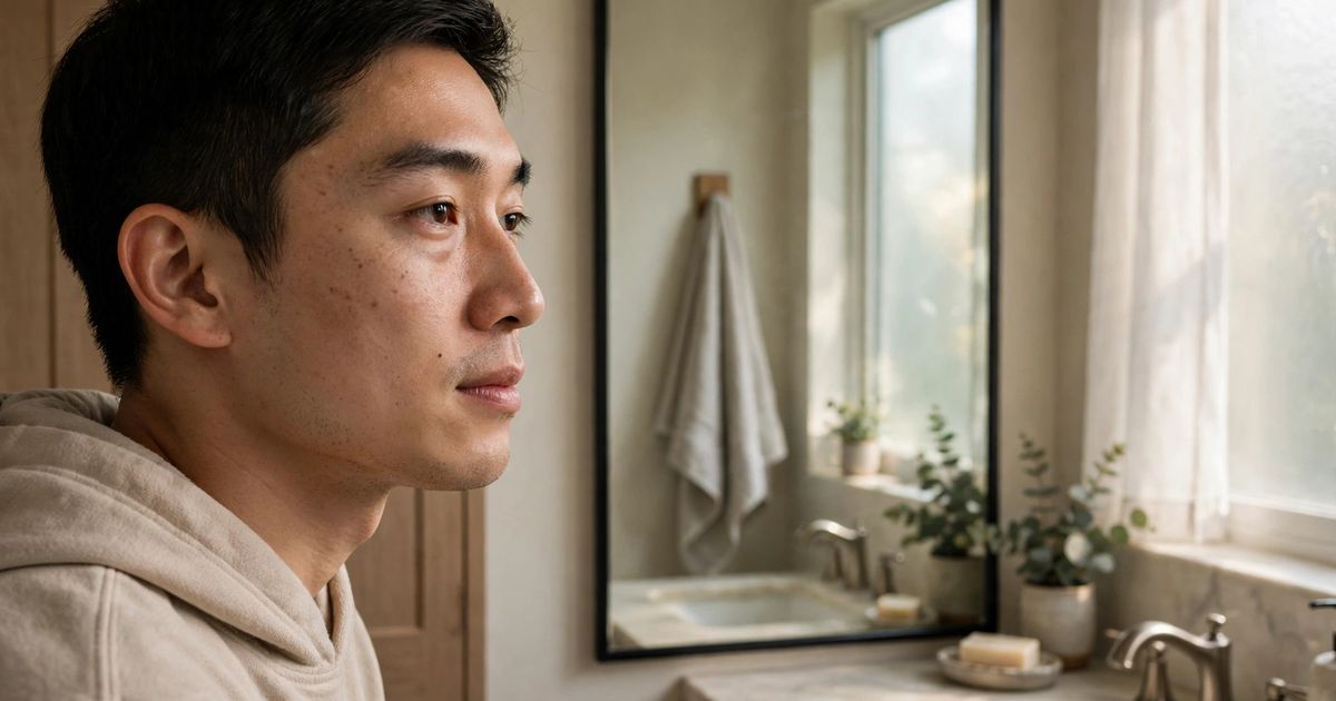 Illustration: AI-generated image of a fictional young East Asian man in a hoodie looking into a bright bathroom mirror with a calm, slightly tired expression in soft morning light.