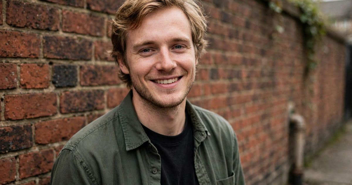 Illustration: AI-generated image of a fictional smiling fair-skinned man with blond-brown hair standing alone against a brick wall outdoors in daylight.