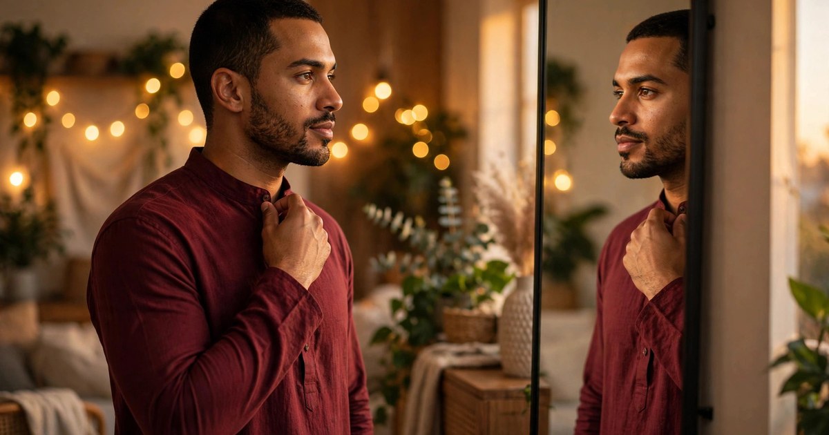Illustration: AI-generated image of a fictional man in his early 30s with medium-brown skin and neat black hair, wearing a deep maroon kurta and adjusting his collar at a mirror at home, with warm festive string lights behind him.