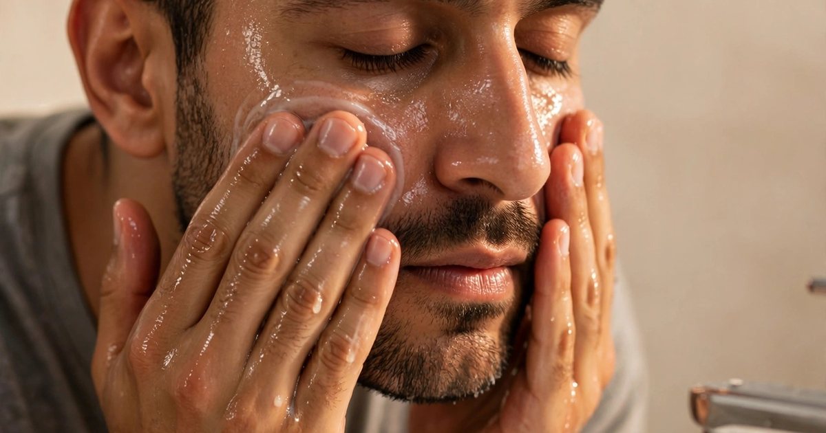 Illustration: AI-generated image of a fictional man in his early 30s with Middle Eastern features and short beard stubble washing cleanser onto his face at a bathroom sink.