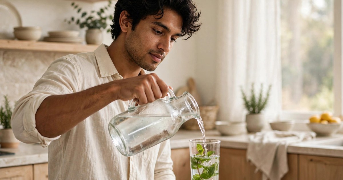 Illustration: AI-generated image of a fictional man in his late 20s with medium-brown skin and wavy black hair holding a glass of water with mint in a bright kitchen, looking rested.