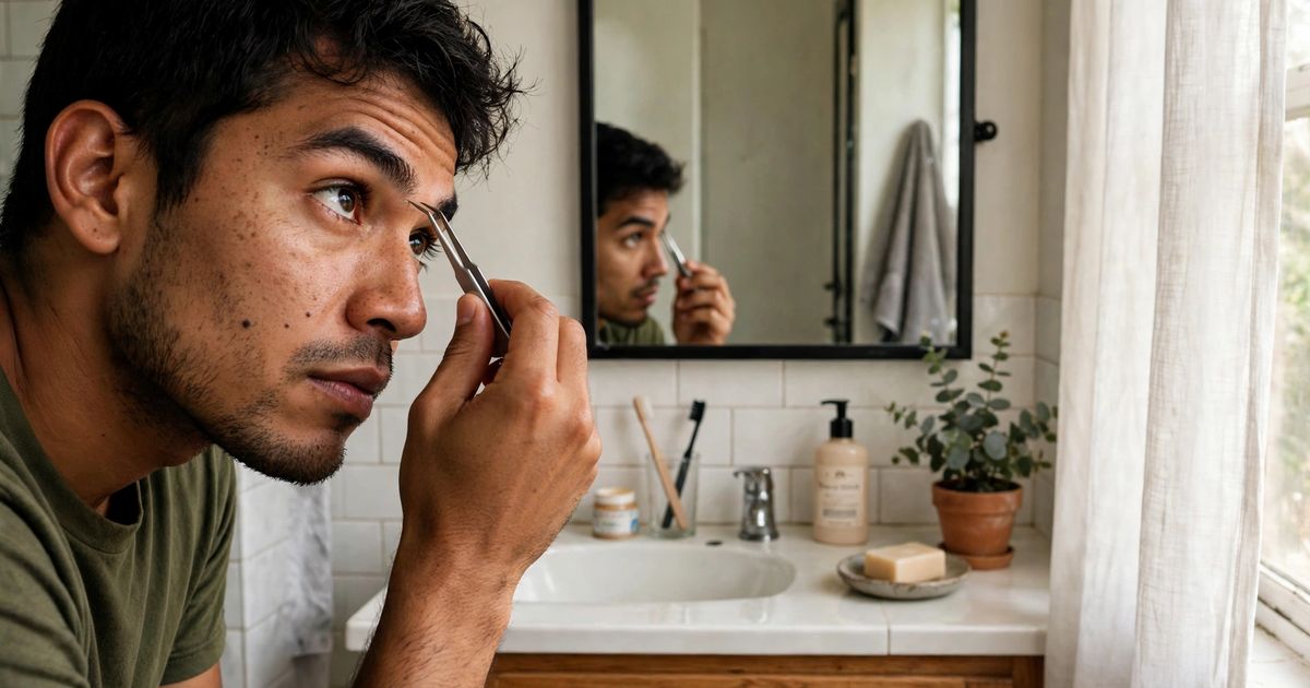 Illustration: AI-generated image of a fictional young Latino man grooming his eyebrows with tweezers while looking into a bathroom mirror.