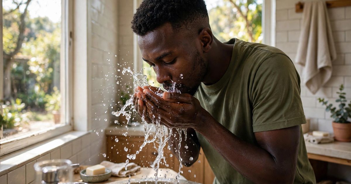 Illustration: AI-generated image of a fictional young Black man with a short fade splashing water onto his face with cupped hands at a bathroom sink.