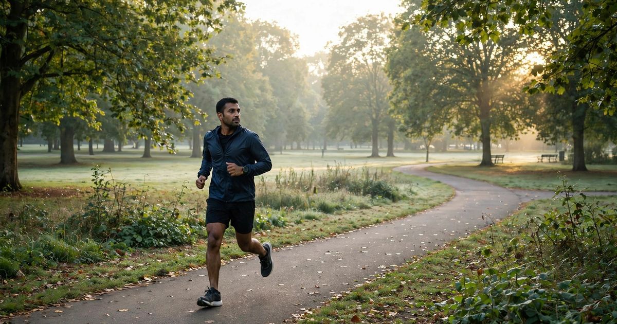 Illustration: AI-generated image of a fictional south Asian man in athletic wear jogging alone along a park path in morning light.