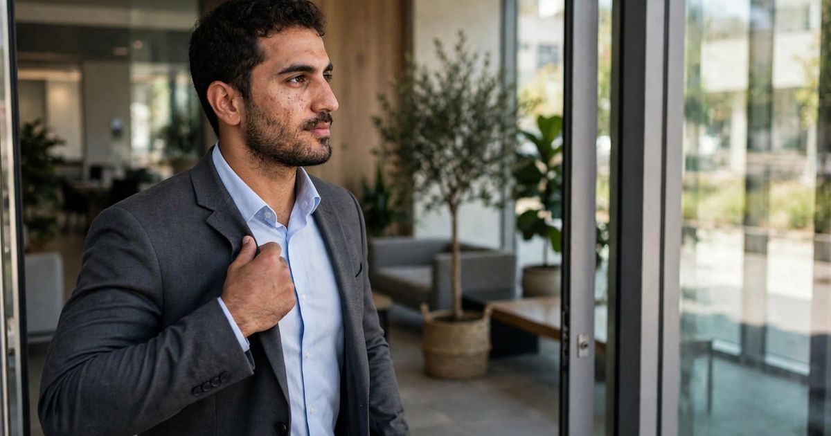 Illustration: AI-generated image of a fictional middle Eastern man with a short beard adjusting his blazer in a bright office lobby.