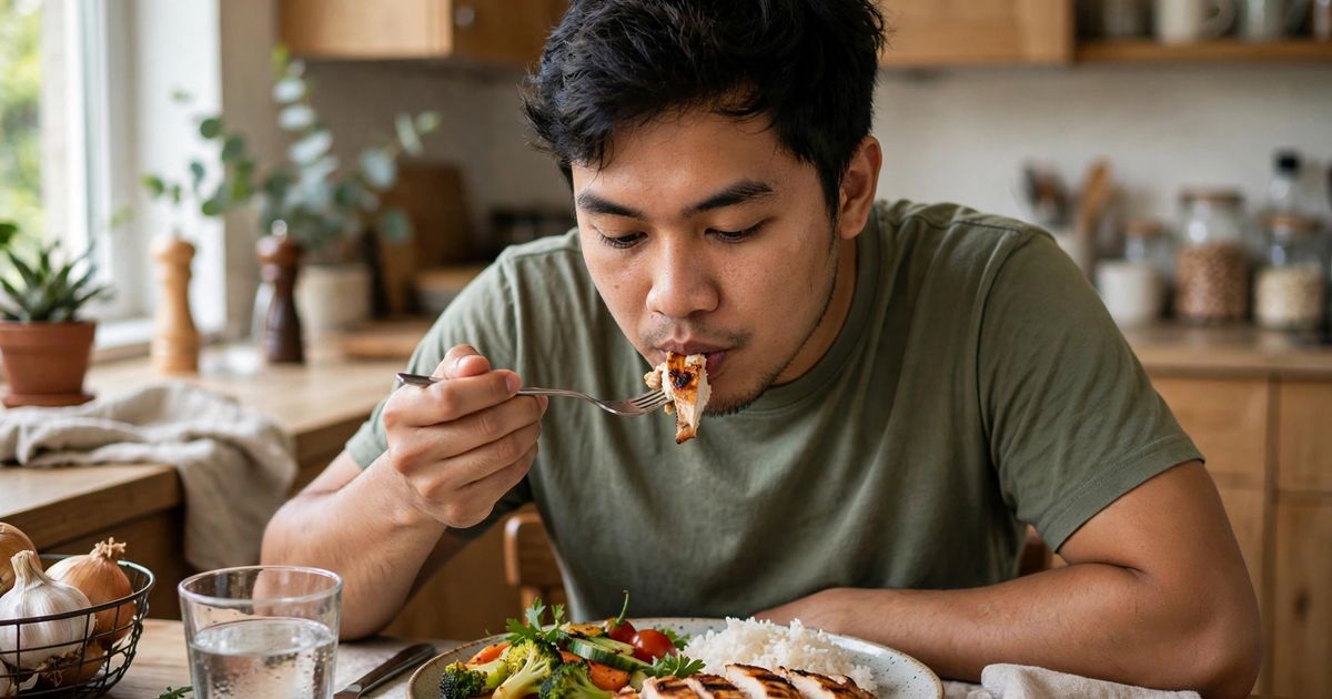 Illustration: AI-generated image of a fictional southeast Asian man eating a plate of grilled chicken, rice and vegetables at a kitchen table.
