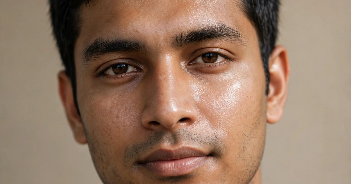 Illustration: AI-generated image of a fictional man in his mid-20s with South Asian features and short dark hair, close-up portrait with smooth hydrated skin against a neutral background.