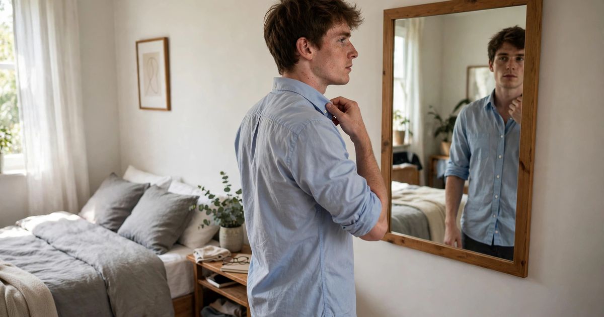 Illustration: AI-generated image of a fictional fair-skinned man with brown hair adjusting his shirt collar in front of a bedroom mirror in a tidy room.
