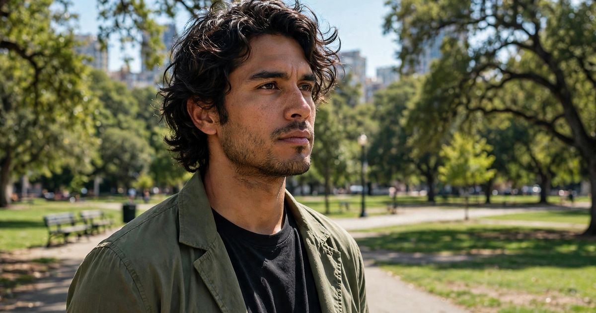 Illustration: AI-generated image of a fictional latino man with wavy hair standing in a sunny city park with a calm, determined expression.