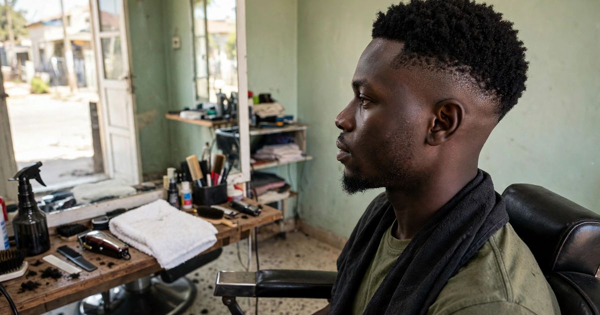 Illustration: AI-generated image of a fictional black man with a fresh coily fade sitting in a barber chair looking toward a barbershop mirror.