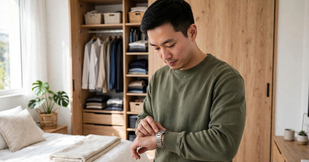 Illustration: AI-generated image of a fictional east Asian man in a green sweatshirt adjusting his watch in a bright bedroom with an open wardrobe behind him.