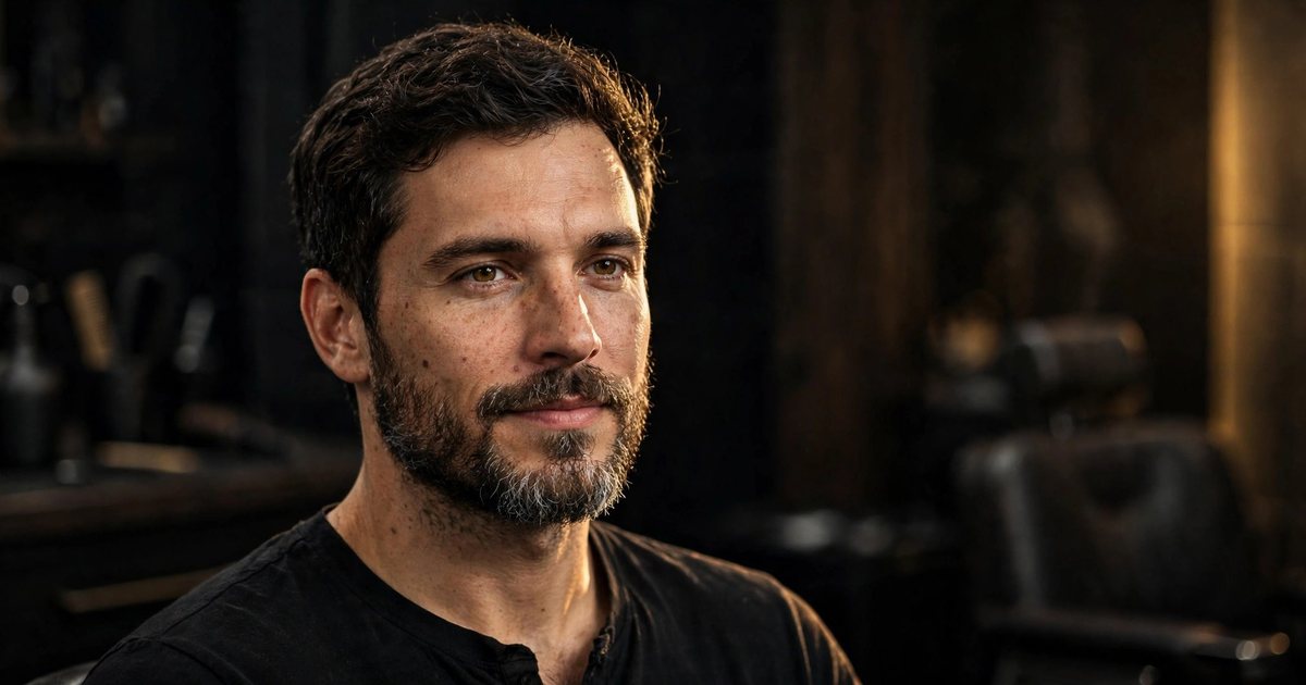 Illustration: AI-generated image of a fictional man in his early 30s with light-medium skin and a natural textured beard with a few strands of grey, in a premium barbershop portrait with warm light.