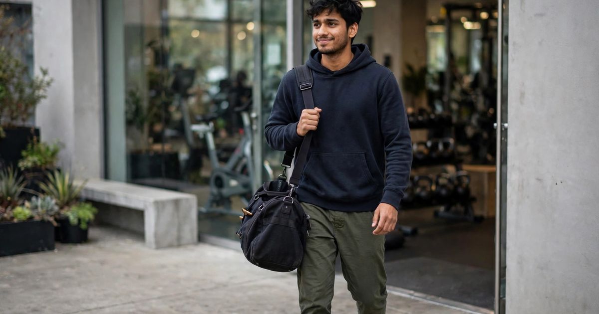 Illustration: AI-generated image of a fictional young South Asian man in a hoodie carrying a gym bag as he walks into a gym entrance.