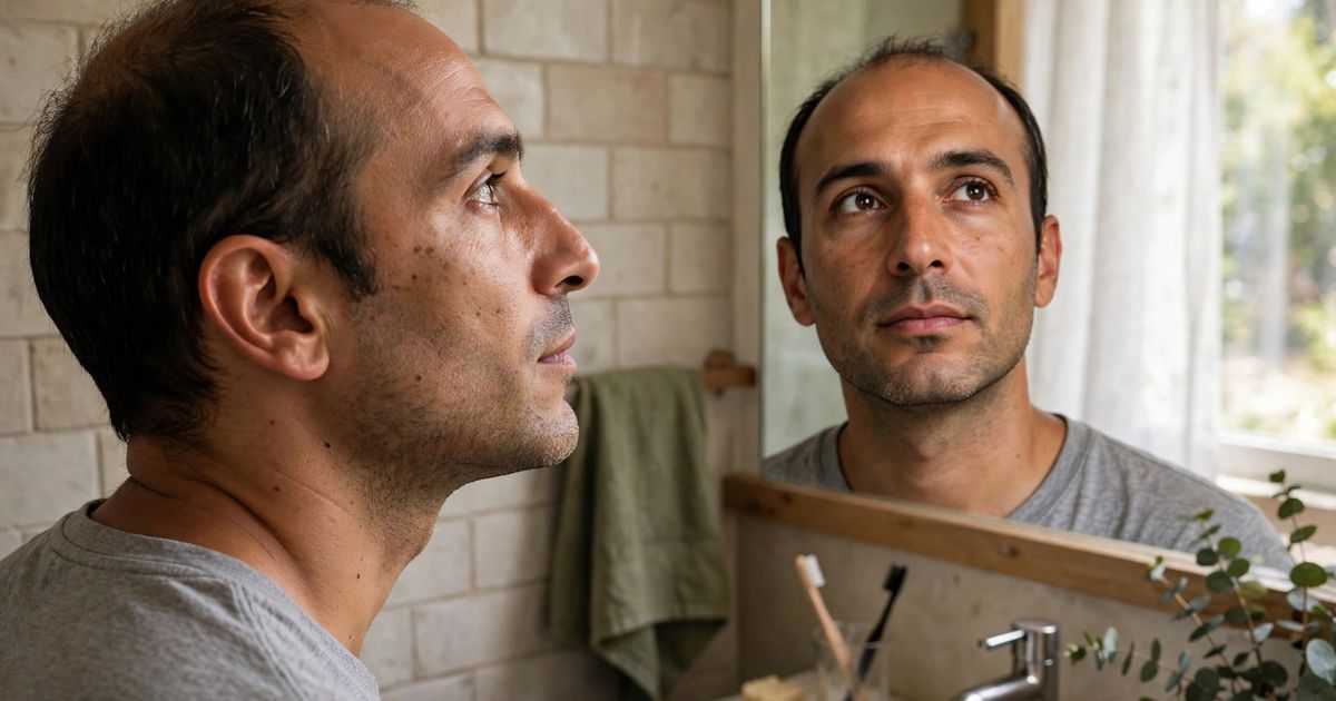 Illustration: AI-generated image of a fictional mediterranean man with a receding hairline looking calmly at his own reflection in a bathroom mirror.