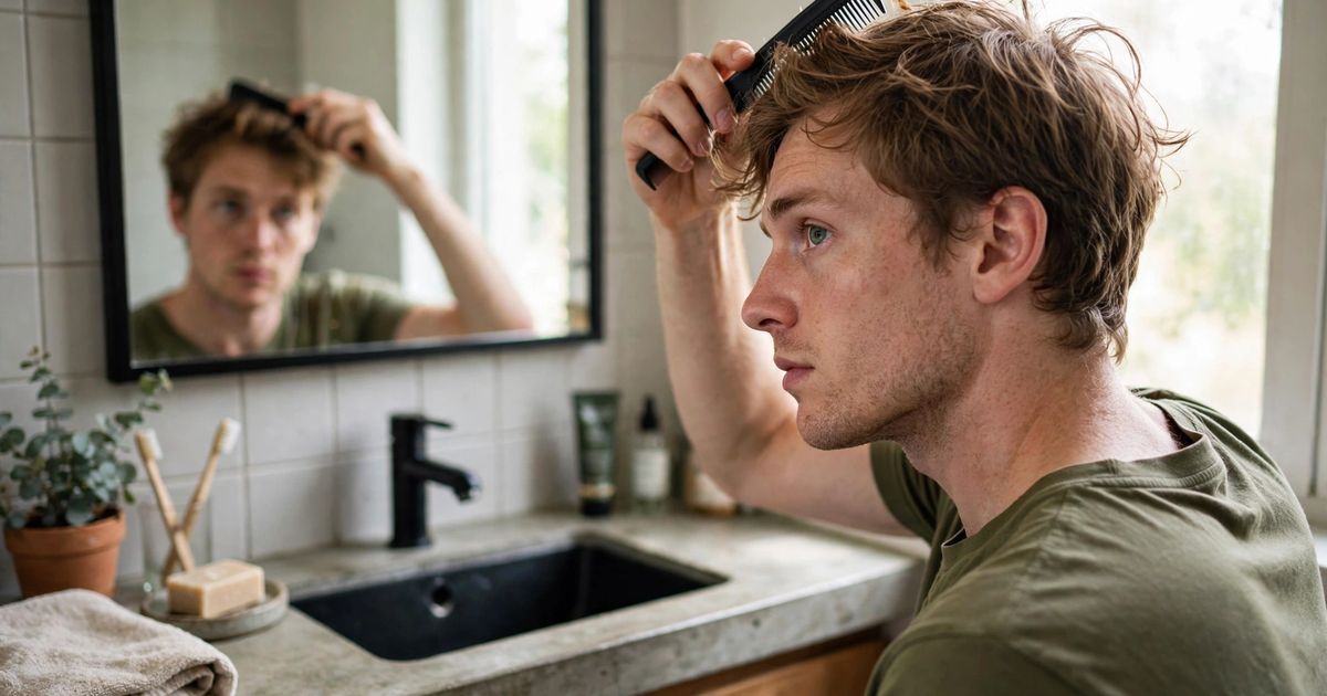 Illustration: AI-generated image of a fictional fair-skinned man with light brown hair combing his hair in front of a bathroom mirror.