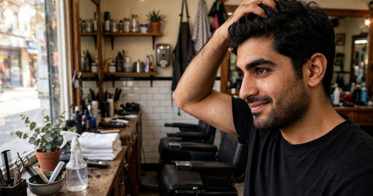 Illustration: AI-generated image of a fictional middle Eastern man with thick dark hair and a short beard running his fingers through his hair in a barbershop.