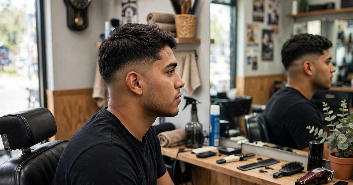Illustration: AI-generated image of a fictional latino man with a fresh fade sitting alone in a barber chair, his reflection visible in the barbershop mirror.