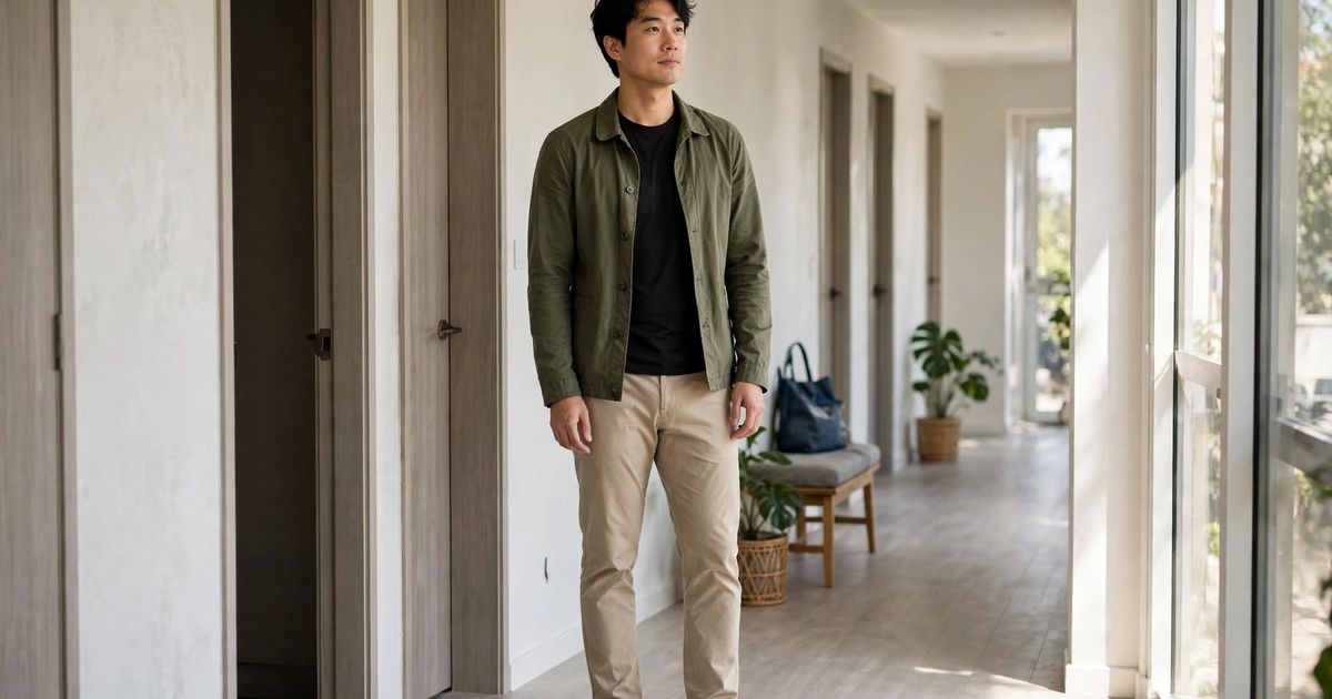 Illustration: AI-generated image of a fictional east Asian man in well-fitted clothes standing tall with good posture in a bright hallway.