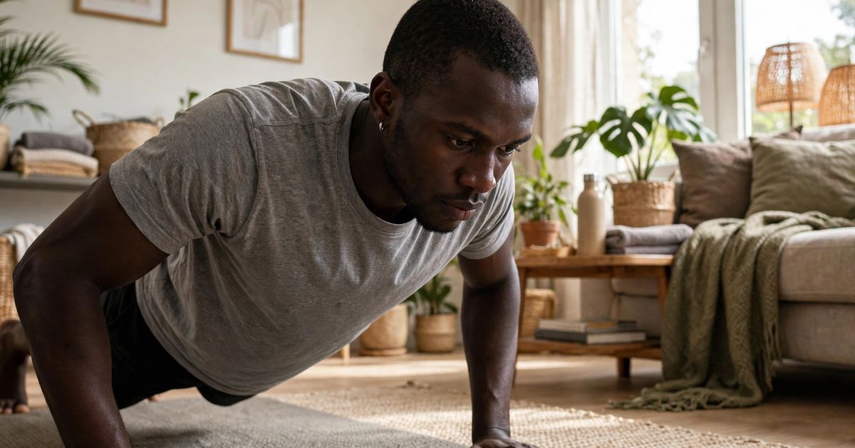Illustration: AI-generated image of a fictional black man doing push-ups on a mat in a sunlit living room.
