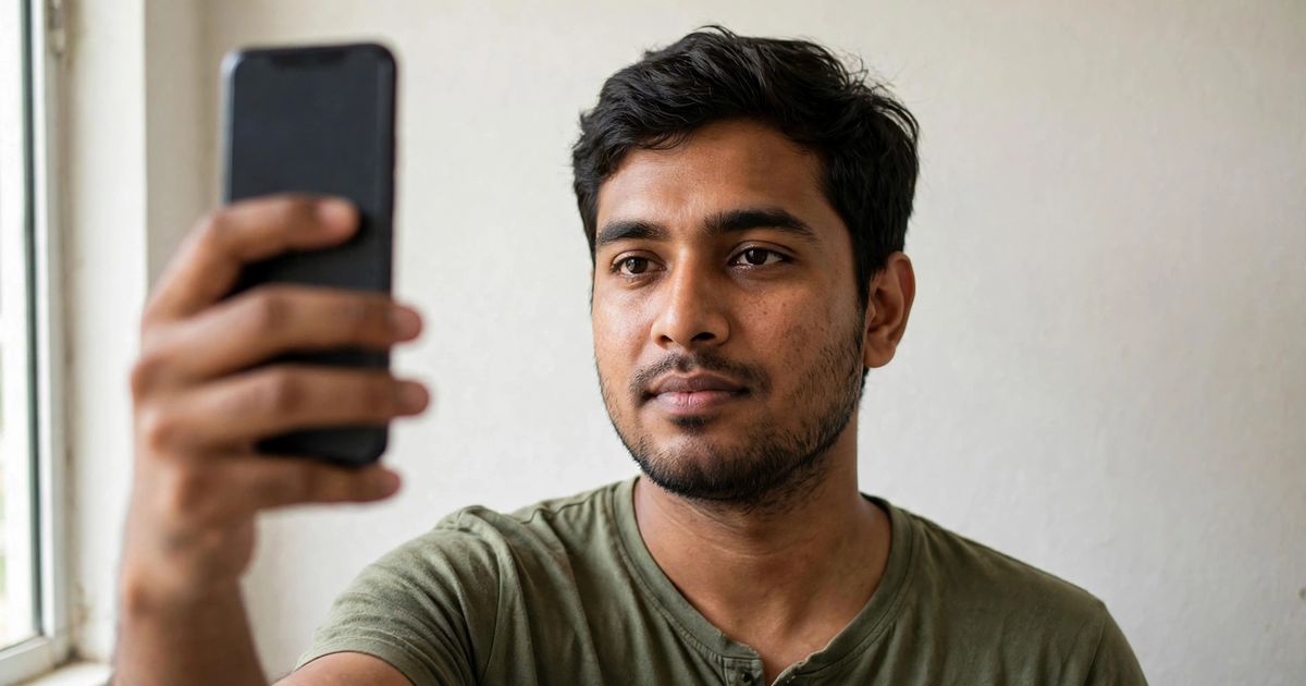 Illustration: AI-generated image of a fictional young South Asian man holding a smartphone with a blank dark screen up at eye level, taking a well-lit self photo against a plain wall.
