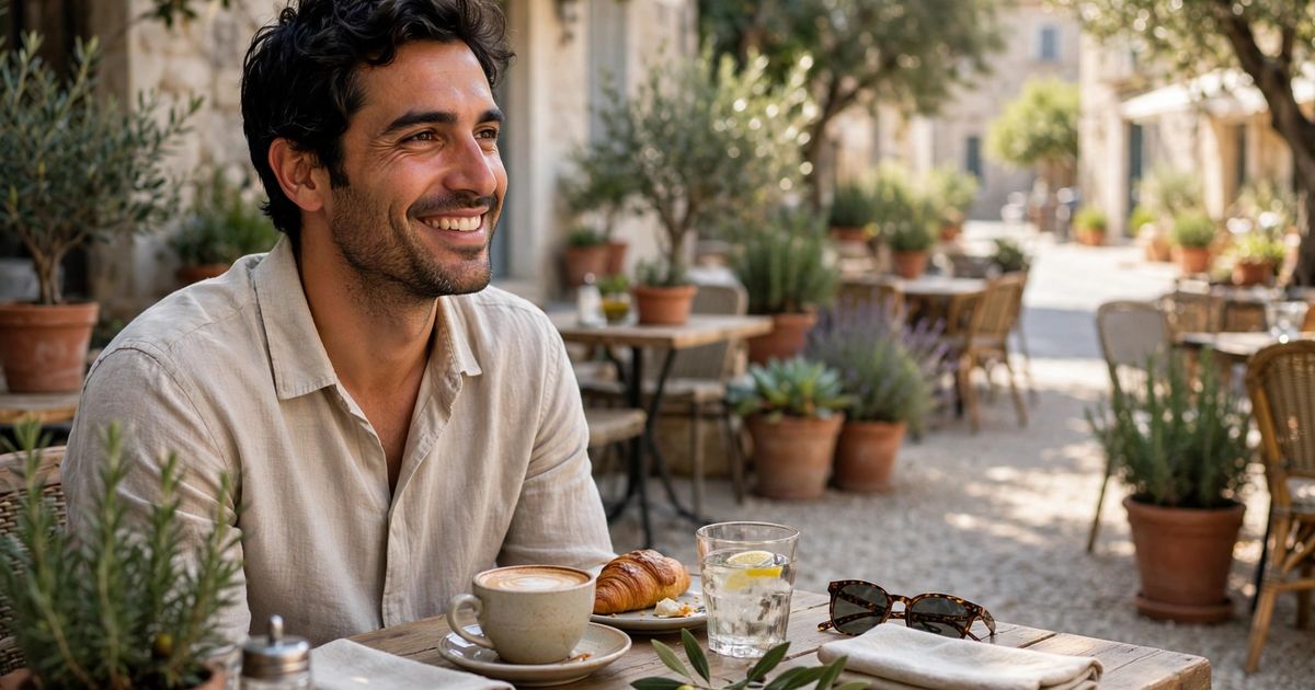 Illustration: AI-generated image of a fictional smiling Mediterranean man with light stubble sitting alone at an outdoor cafe table with coffee, a croissant, and sunglasses in warm daylight.