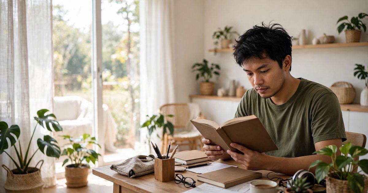 Illustration: AI-generated image of a fictional young Southeast Asian man reading a book at a wooden desk in a bright, plant-filled room.