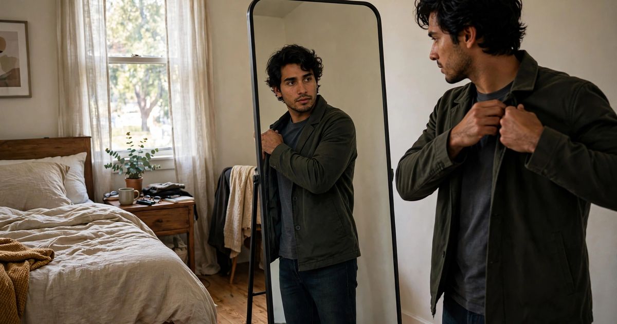 Illustration: AI-generated image of a fictional latino man adjusting his jacket while looking at his own reflection in a full-length mirror in a bedroom.