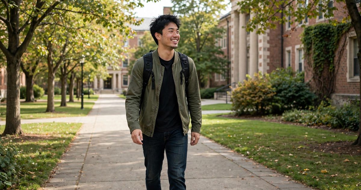 Illustration: AI-generated image of a fictional smiling East Asian man with a backpack walking along a tree-lined university campus path.