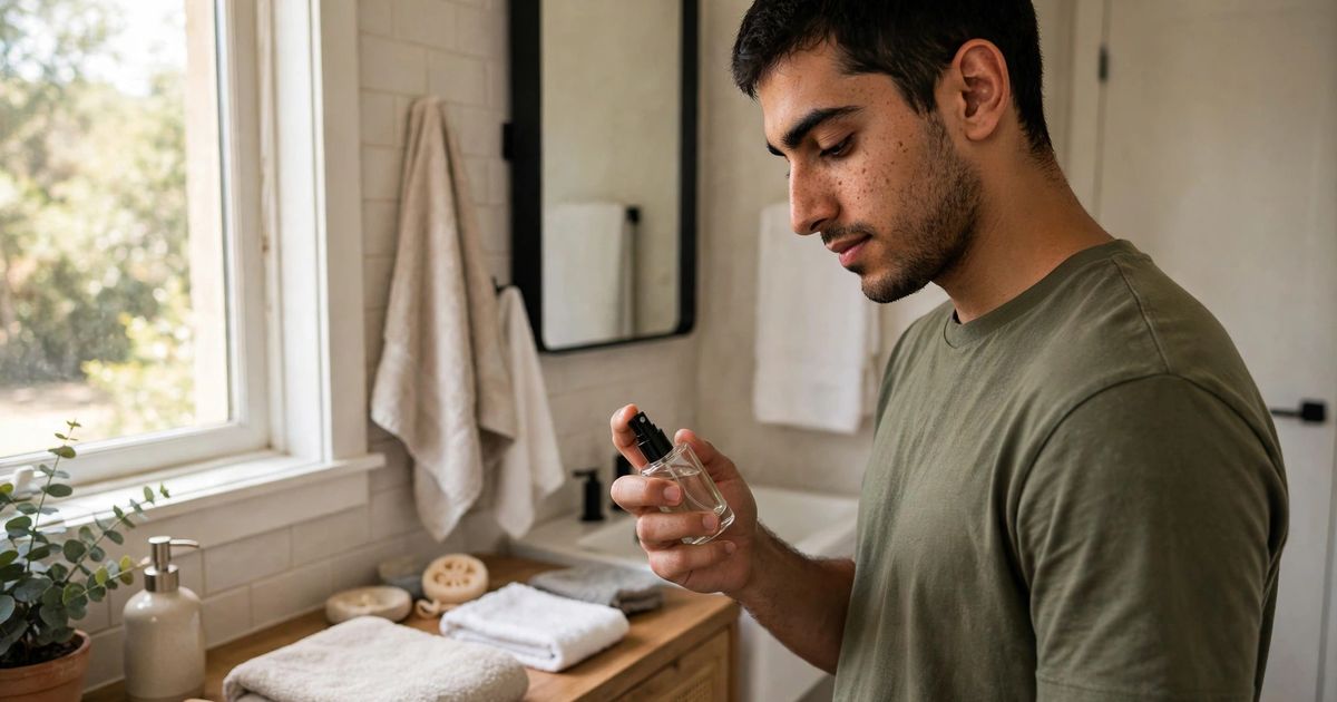 Illustration: AI-generated image of a fictional middle Eastern man examining a plain unlabelled glass fragrance bottle in a tidy bathroom.