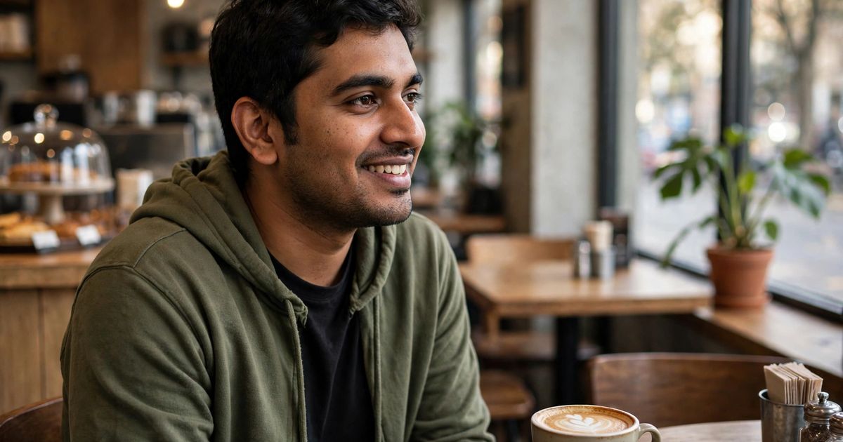 Illustration: AI-generated image of a fictional south Asian man smiling politely while seated alone at a coffee shop table with a latte.