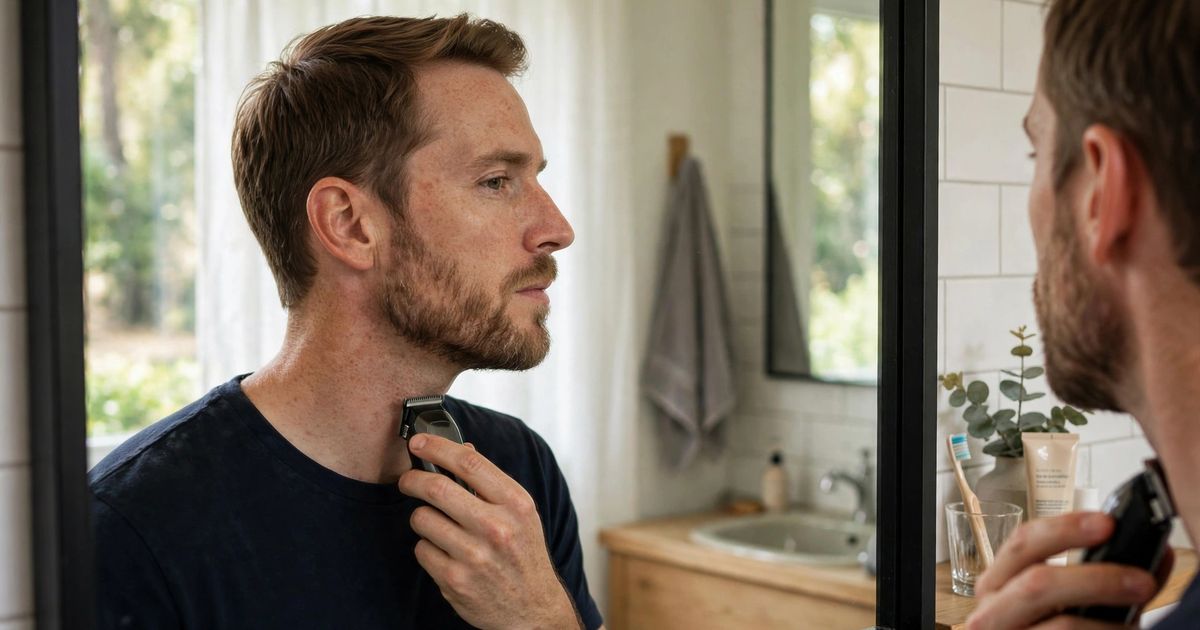 Illustration: AI-generated image of a fictional bearded man in profile trimming his neckline with a trimmer in front of a bright bathroom mirror.