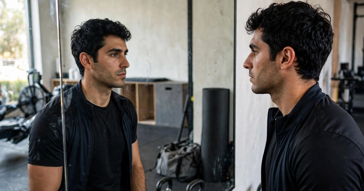Illustration: AI-generated image of a fictional man in athletic wear looking at his own reflection in a large gym mirror.