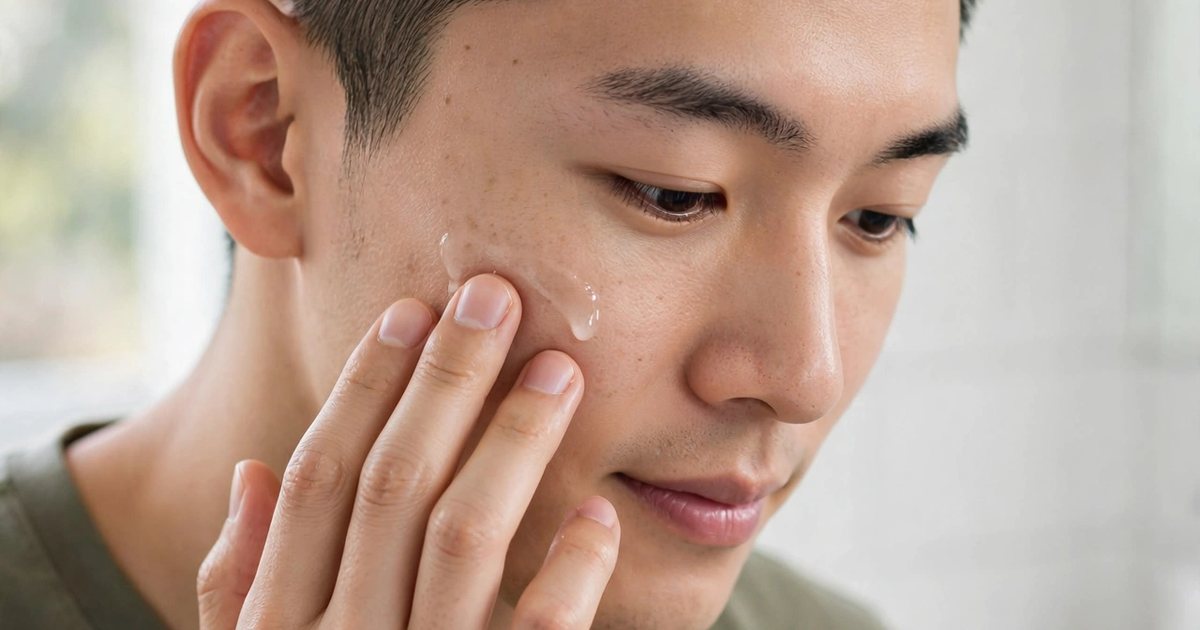 Illustration: AI-generated image of a fictional man in his late 20s with East Asian features and short black hair patting a clear serum onto his cheek in a bright bathroom.