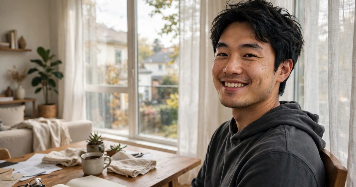 Illustration: AI-generated image of a fictional smiling young man sitting by a bright window in a cozy living room.