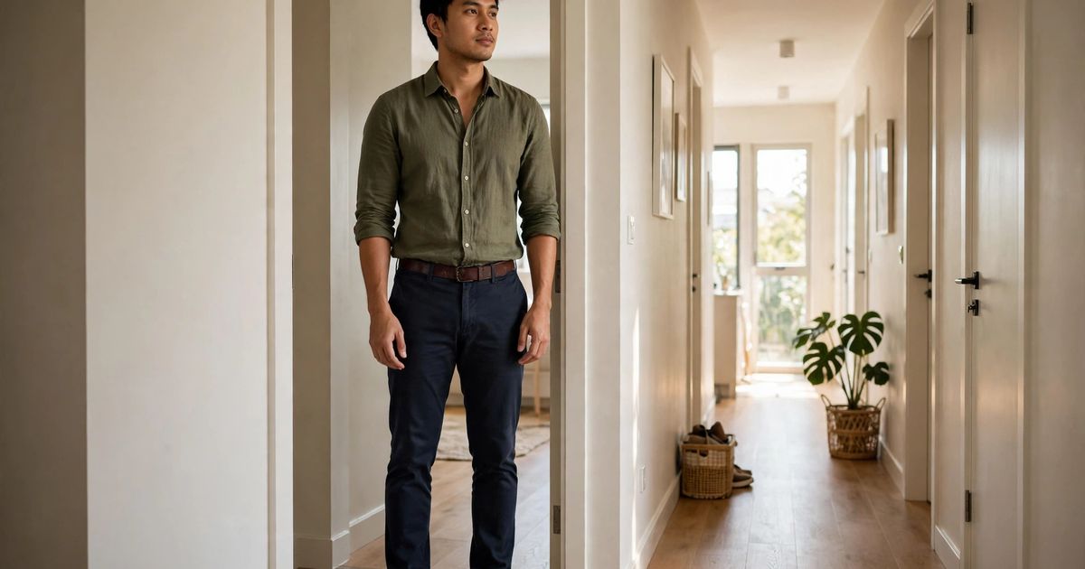 Illustration: AI-generated image of a fictional man in a green shirt and dark trousers standing tall in a doorway in a bright hallway.