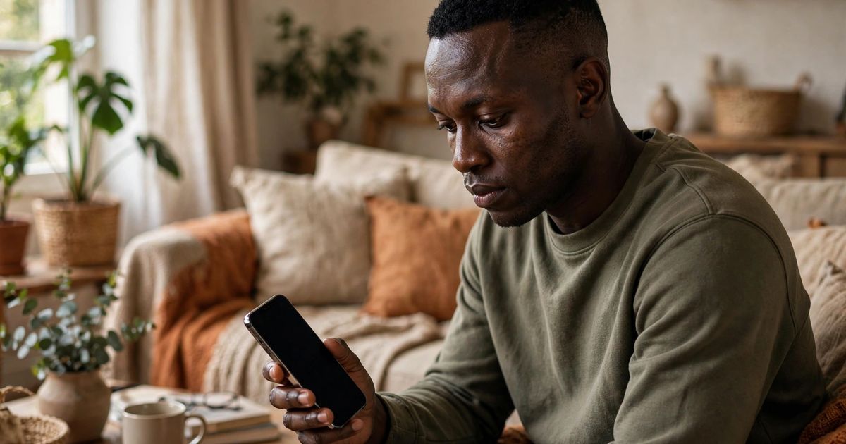 Illustration: AI-generated image of a fictional man on a couch looking thoughtfully at a smartphone with a blank dark screen.