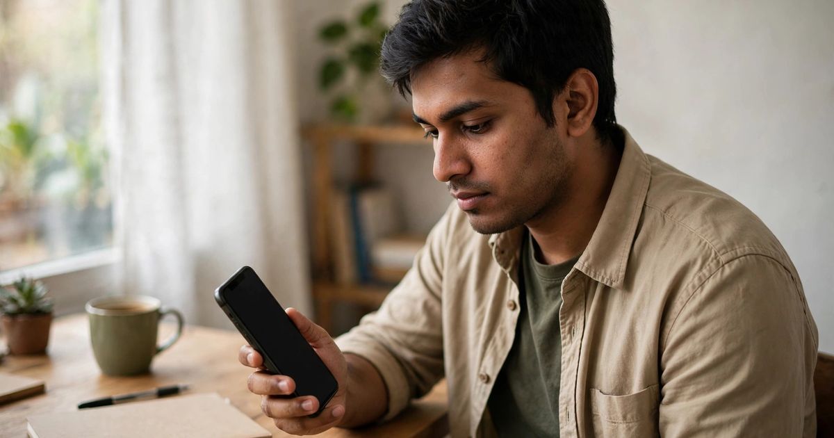 Illustration: AI-generated image of a fictional man at a wooden desk looking thoughtfully at a smartphone with a blank dark screen beside a plain notebook.