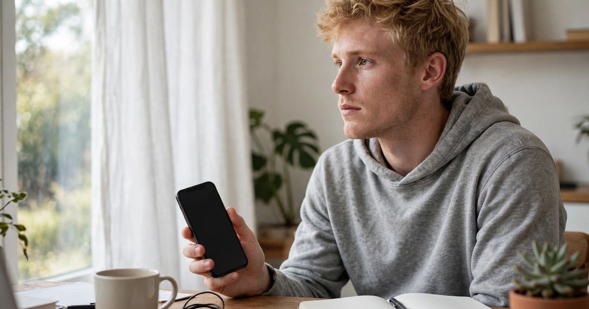 Illustration: AI-generated image of a fictional blond man at a desk holding a smartphone with a blank dark screen and gazes thoughtfully aside.