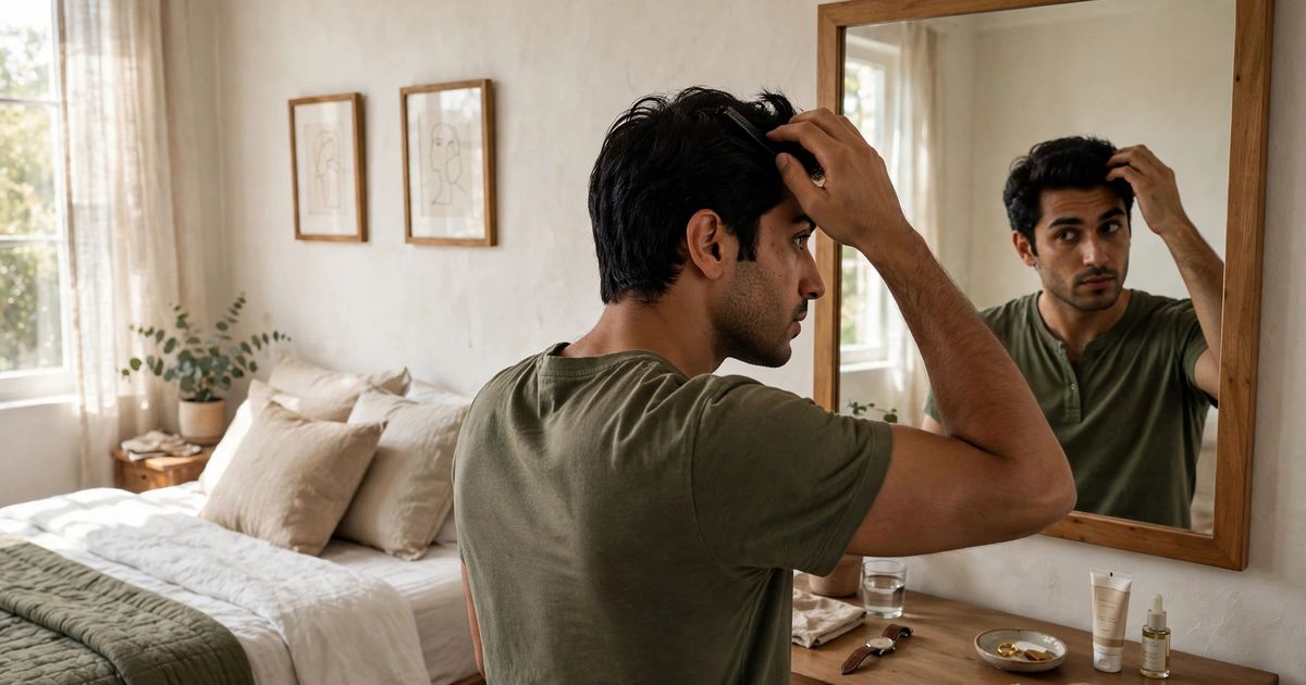 Illustration: AI-generated image of a fictional man combing his hair while looking in a large bedroom mirror in a tidy room.