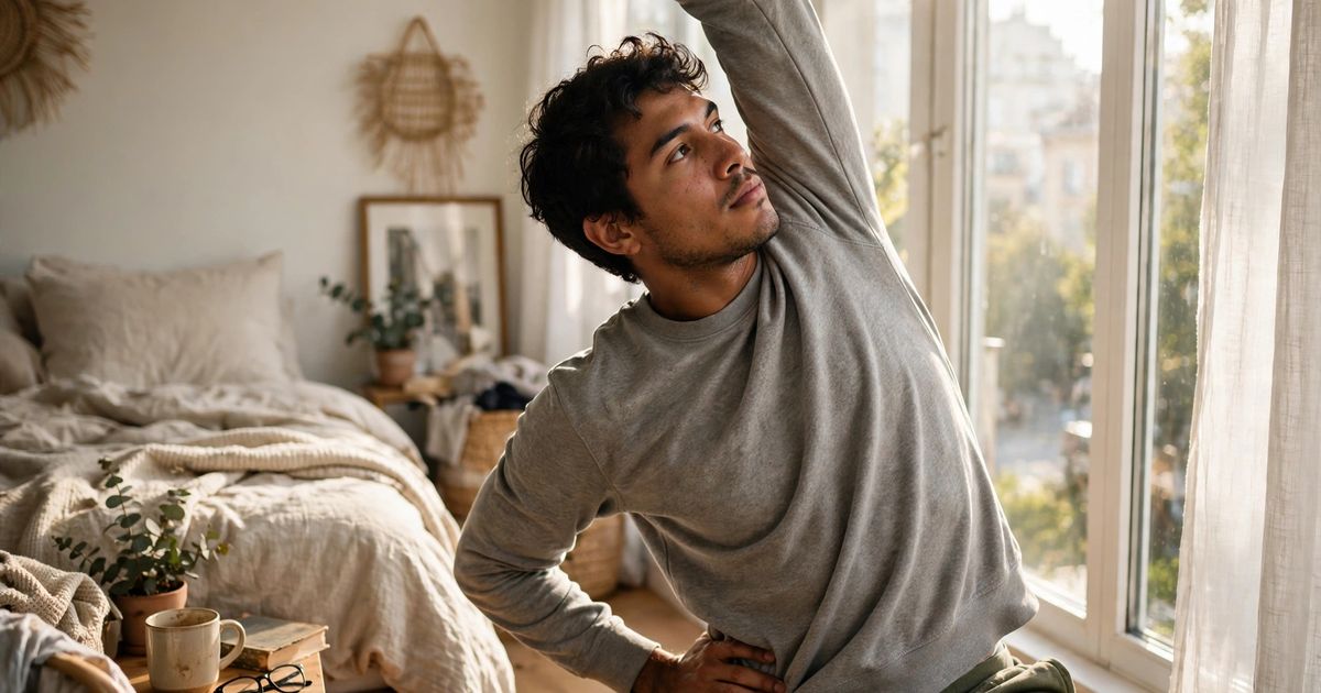 Illustration: AI-generated image of a fictional young Latino man stretching beside a bright bedroom window in morning sunlight.